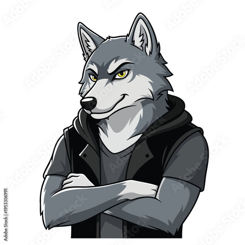 Anthropomorphic grey wolf with yellow eyes, wearing a hoodie and vest, arms crossed