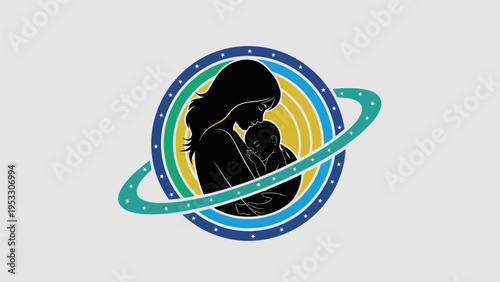 Mother Holding Baby in Space Illustration.