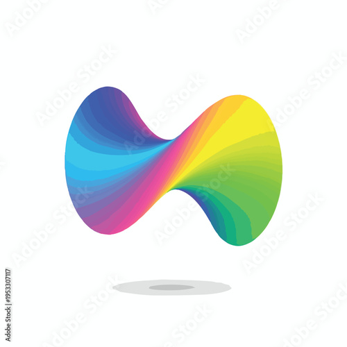 Abstract shape with rainbow gradient layers, casting a shadow