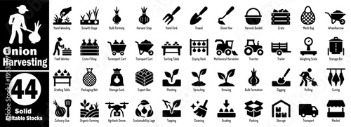 Onion farming silhouette icons set. Displaying forty-four symbols for the cultivation process, including weeding growth stages, mechanical harvesters, and tools, vector illustration.