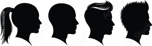 Set of male and female profile silhouettes with various hairstyles including ponytail bald and spiked hair isolated on white background