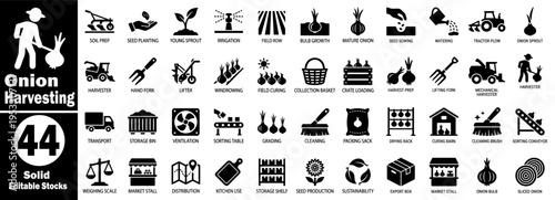 Onion harvesting solid icon. Collection showcasing forty-four black symbols for agriculture, including irrigation bulb growth, mechanical harvesters, and farm vector illustration.