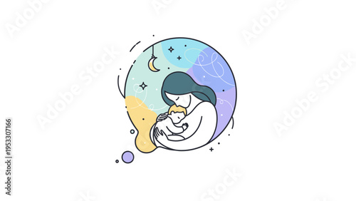Mother Breastfeeding Baby in Circle Illustration.