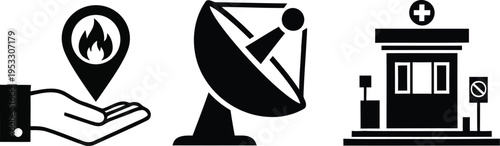 Icons representing location satellite communication and a gas station