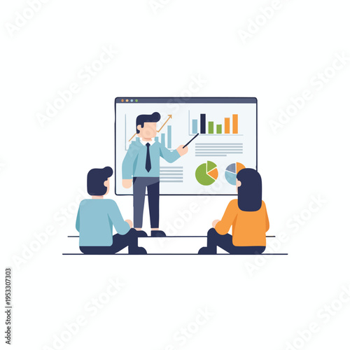 Man presenting charts and graphs to two seated individuals