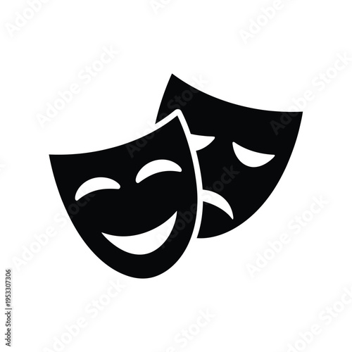 Two classic theater masks symbolizing comedy and tragedy in black and white. isolated on white background, Vector, illustration