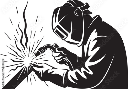 Black and white of a welder wearing a helmet and gloves