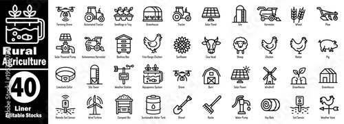 Rural agriculture liner icon set. Featuring smart farming technology, livestock management crops tools, and sustainable energy symbols in outline style vector illustration.