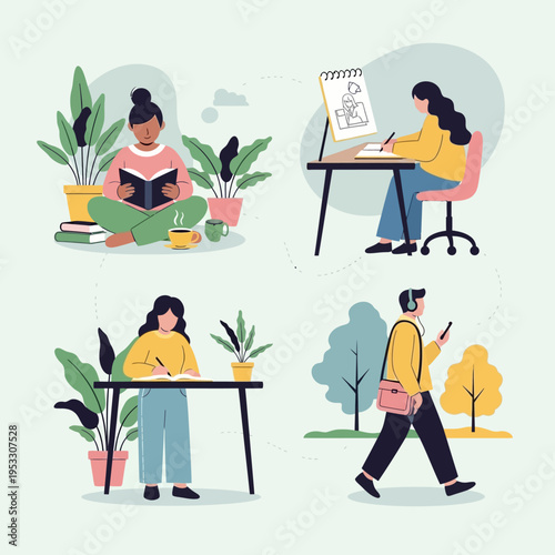 Illustration of Woman Reading and Working.