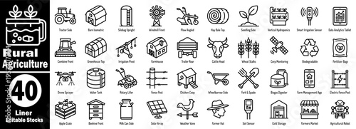 Rural agriculture linear editable stocks set. Displaying modern farm infrastructure, machinery, smart farming apps, and agricultural robotics in line art vector illustration.