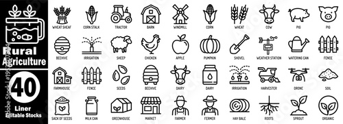 Rural agriculture black linear icons set. Farming and gardening outline pictograms collection. wheat, corn, tractor, barn, farmer, windmill, harvest, crop vector illustration.