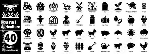 Rural agriculture black solid icons set. Farming and gardening glyph pictograms collection. tractor, barn, wheat, plow, windmill, irrigation, silo, sprout vector illustration.