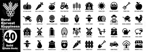 Rural harvest happiness icons set. Featuring tractor scarecrow farm animals barn and fruits for agriculture and Thanksgiving holiday design, solid vector illustration.