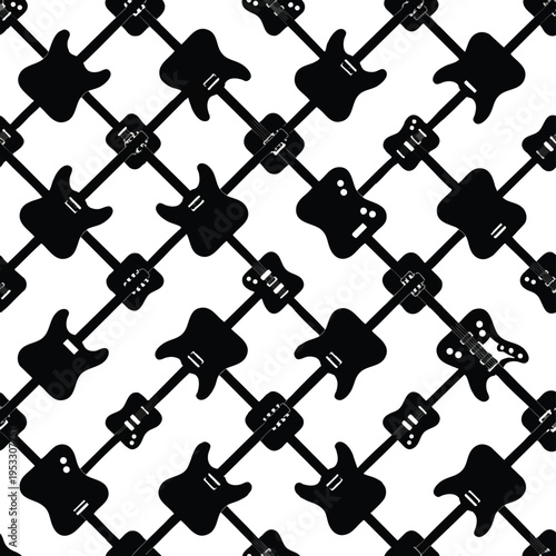 Black electric guitars form a repeating diamond pattern against a white background
