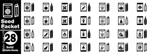 Seed packet icons set. Collection of zinnia sunflower, tomato basil, carrot, lavender pumpkin poppy, rose marigold, cucumber parsley beet thyme tulip vector illustration.
