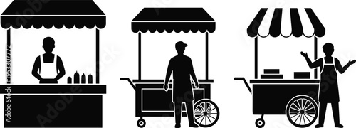 Street food vendor stalls silhouette set with cart kiosk sellers market business cooking concept vector illustration isolated design elements
