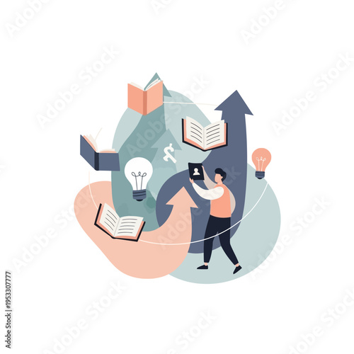 Woman Reading Book with Educational Elements.