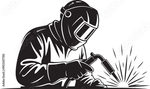 Black and white of a welder wearing a protective mask
