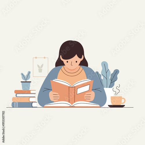 Woman Reading Open Book with Coffee.