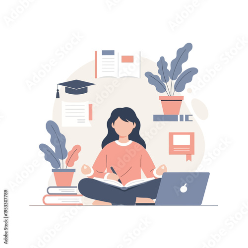 Woman Sitting with Laptop and Books.