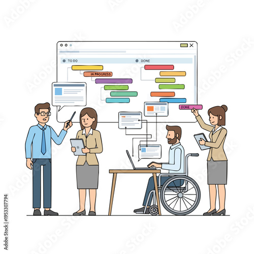 Team collaborates on a project timeline using a digital interface and task boards