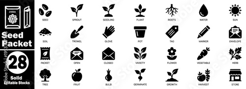 Seed Packet and Gardening icon collection. Featuring plant growth stages, seeds, sprouts, flowers, vegetables, fruits, and essential landscaping tools for home garden design vector illustration.