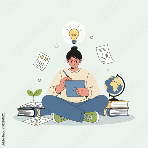 Young Woman Sitting with Books and Tablet.