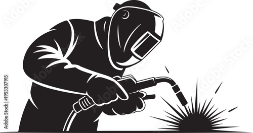 Black and white of a welder wearing a protective mask and gloves