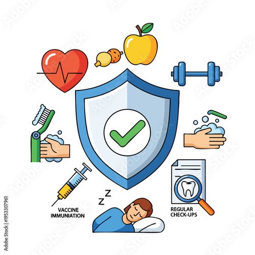 Shield of health with icons for exercise, nutrition, hygiene, sleep, and medical care