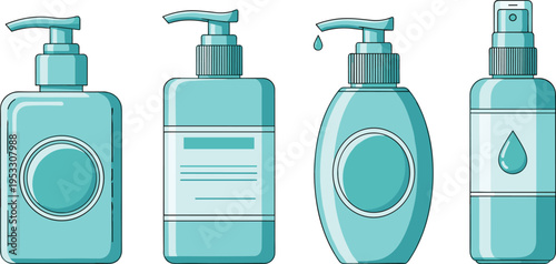 Liquid soap and sanitizer bottles set with pump dispensers, hygiene skincare products in clean vector illustration style