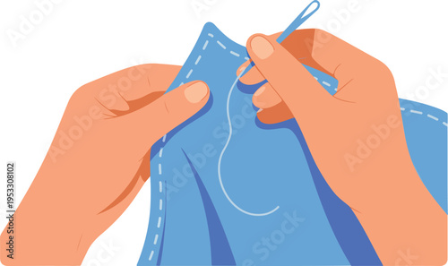 Hands sewing fabric with needle and thread top view illustration tailoring craft textile embroidery handmade clothing design concept