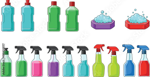Cleaning products collection with spray bottles soap and liquid containers, household hygiene supplies in colorful vector illustration style