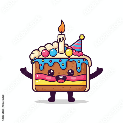 A cute, anthropomorphic slice of birthday cake with arms, legs, and a party hat