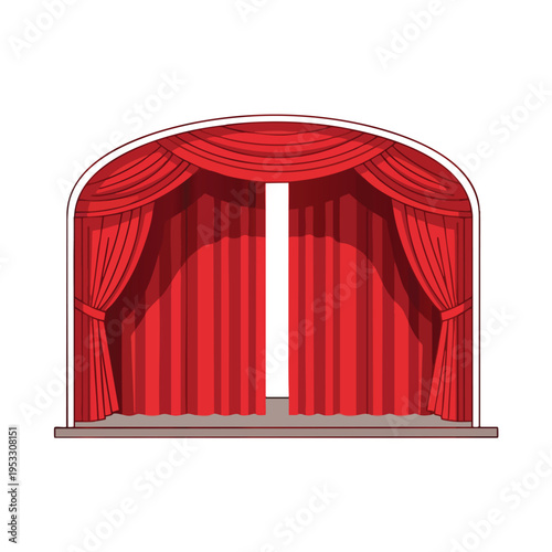 An ornate archway frames bright red stage curtains pulled back, revealing a blank white space