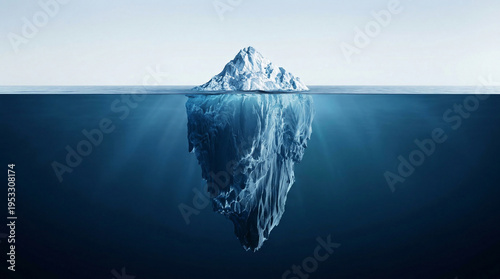 Split view iceberg with massive underwater section in deep ocean