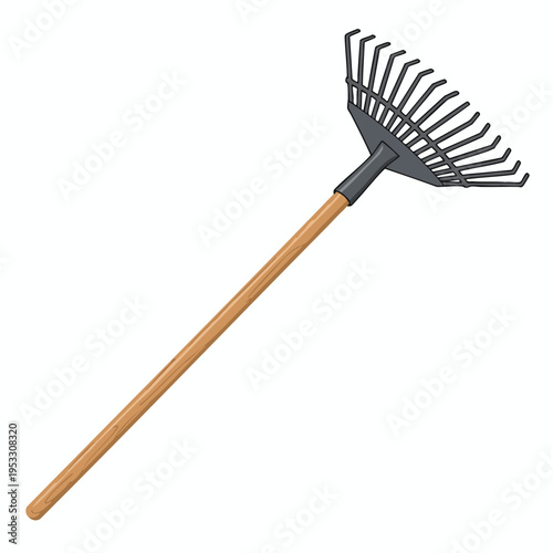A garden rake with a wooden handle and dark metal tines is shown against a white background