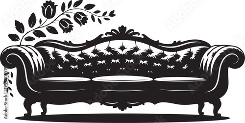 Black and white of ornate sofa with floral pattern and branch