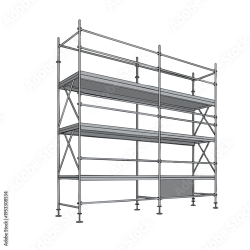 Multi-level scaffolding structure with platforms, cross bracing, and base supports
