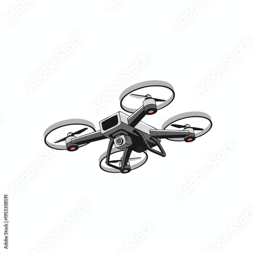 A gray quadcopter drone with a camera hangs in the air