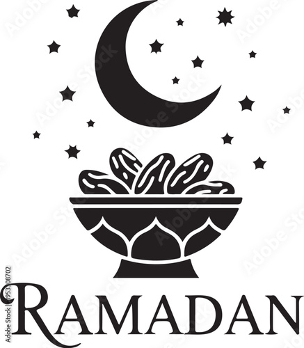 Black and white Ramadan with crescent moon stars and dates