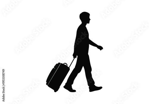 Silhouette of a man walking and pulling a suitcase, symbolizing travel and movement