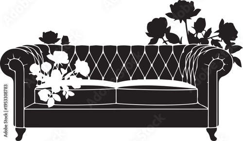 Black and white sofa with floral pattern and roses