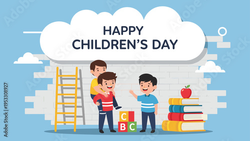 Three young boys celebrate Childrens Day by playing with alphabet blocks and reading books in front of a white brick wall.