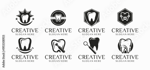 Dentist Tooth Logo Collection, Dental Clinic and Oral Care Vector Icons Black and White