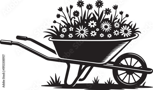 Black and white wheelbarrow filled with flowers gardening