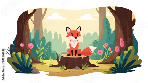 Adorable red fox sits calmly on a weathered tree stump in the middle of a vibrant forest filled with green plants and flowers.