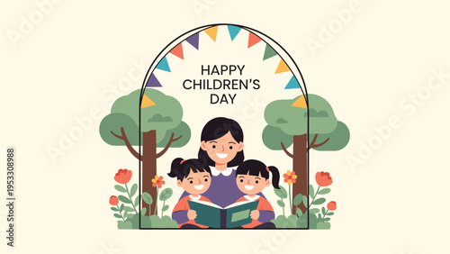 Caring mother reads an interesting book to her two young daughters outdoors to celebrate a happy Childrens Day together.