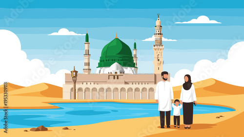 Muslim family walks through a vast desert landscape with a beautiful mosque and a refreshing oasis in the background.