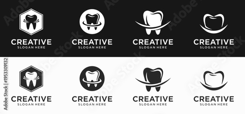 Dentist Tooth Logo Collection, Dental Clinic and Oral Care Vector Icons Black and White