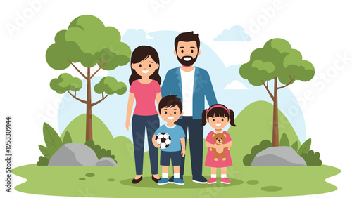 Happy family of four stands together in a beautiful park with green trees and rolling hills under a soft blue sky.